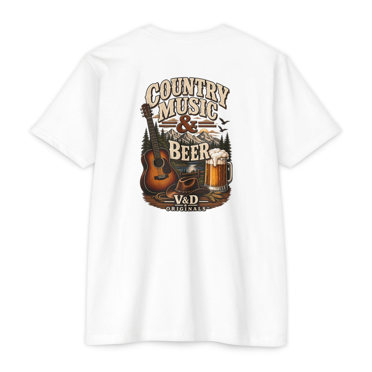 Country Music & Beer T-Shirt — Acoustic Guitar, Mug Graphic Tee