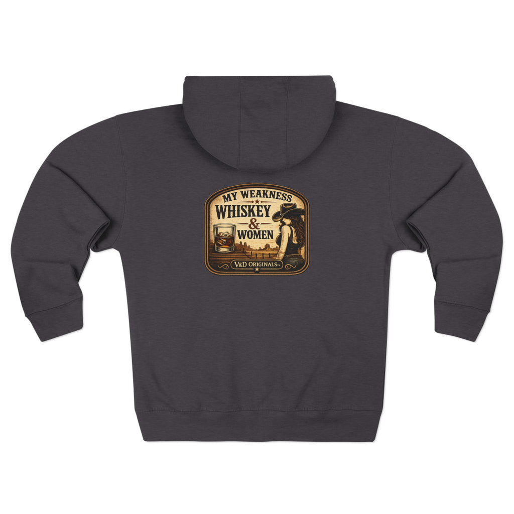 "My Weakness: Whiskey & Women" Vintage Graphic Zip Hoodie