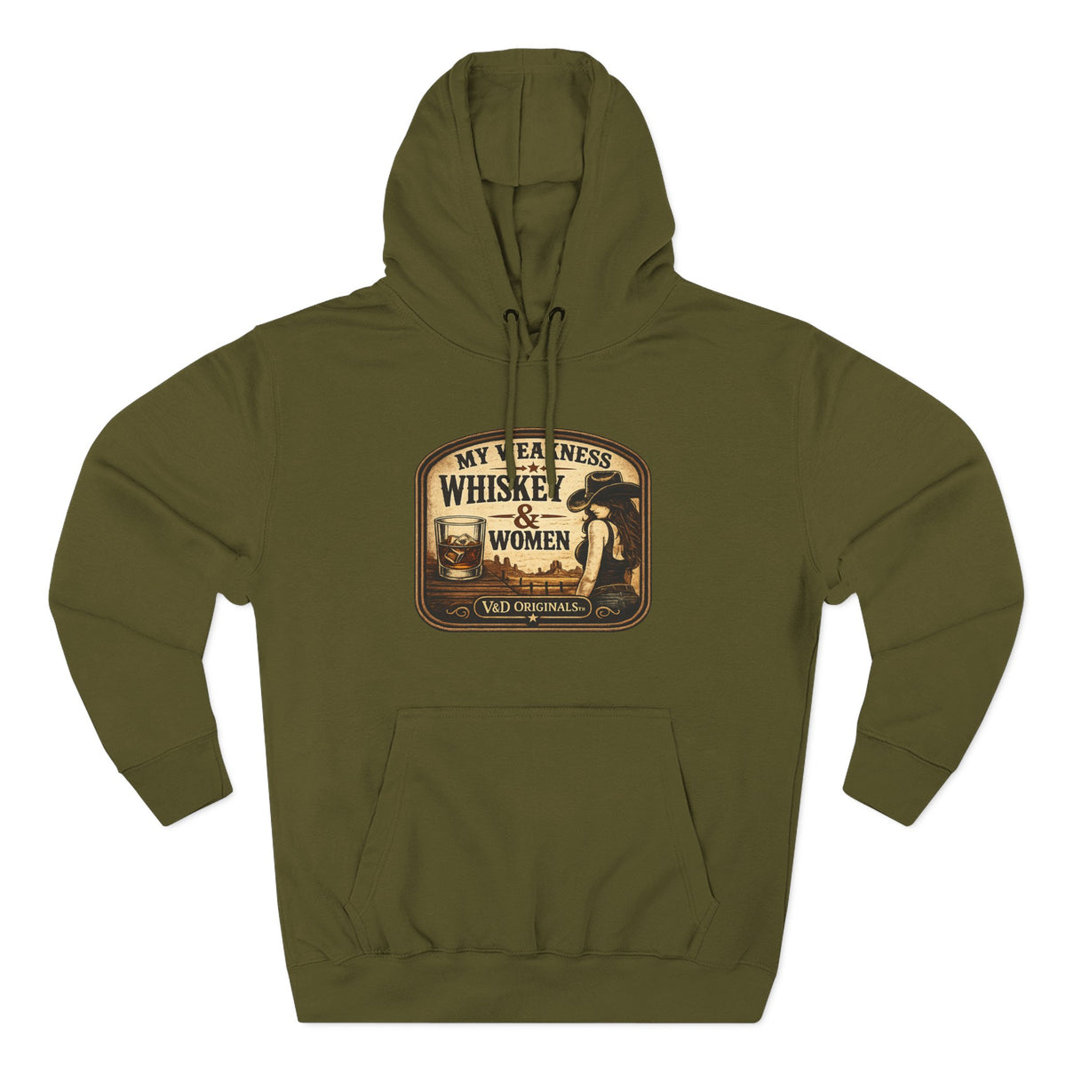 Whiskey & Women Vintage Label Hoodie — Three-Panel Fleece Pullover