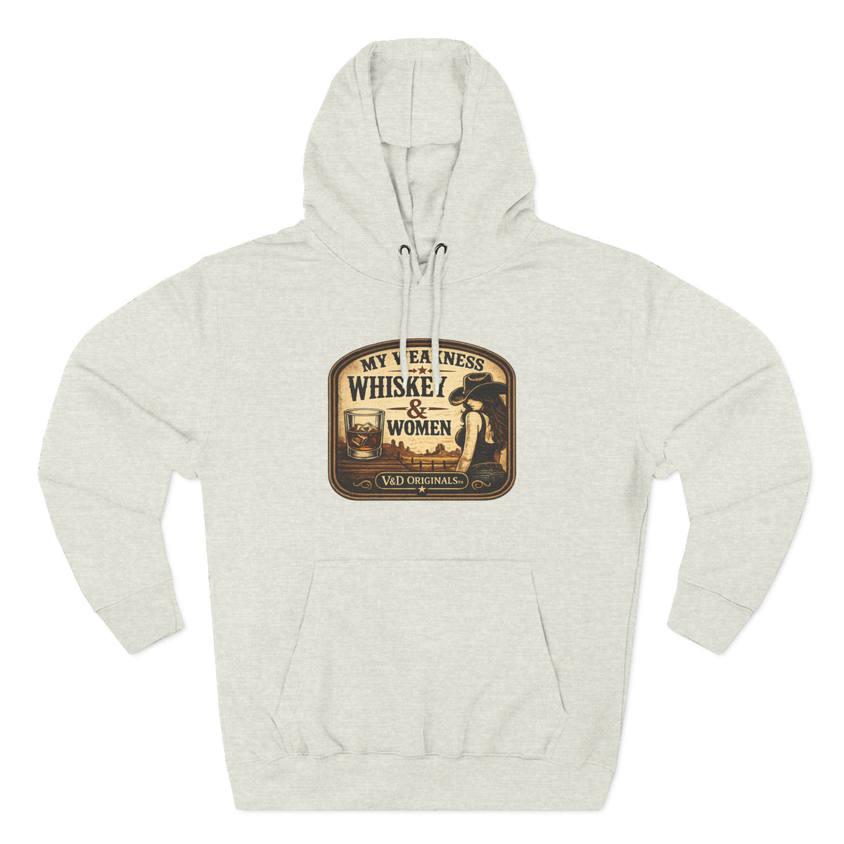 Whiskey & Women Vintage Label Hoodie — Three-Panel Fleece Pullover