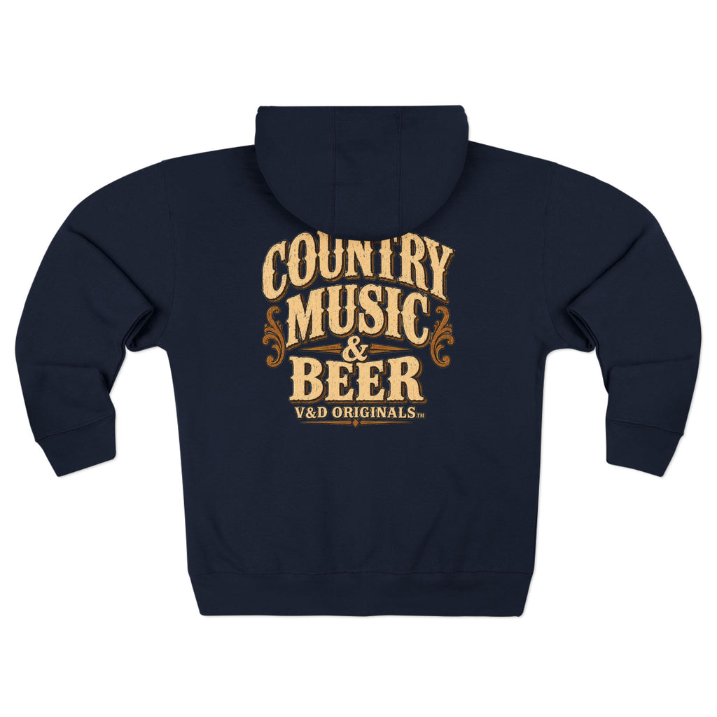 Country Music & Beer Zip Hoodie — V&D Originals Vintage Western Logo