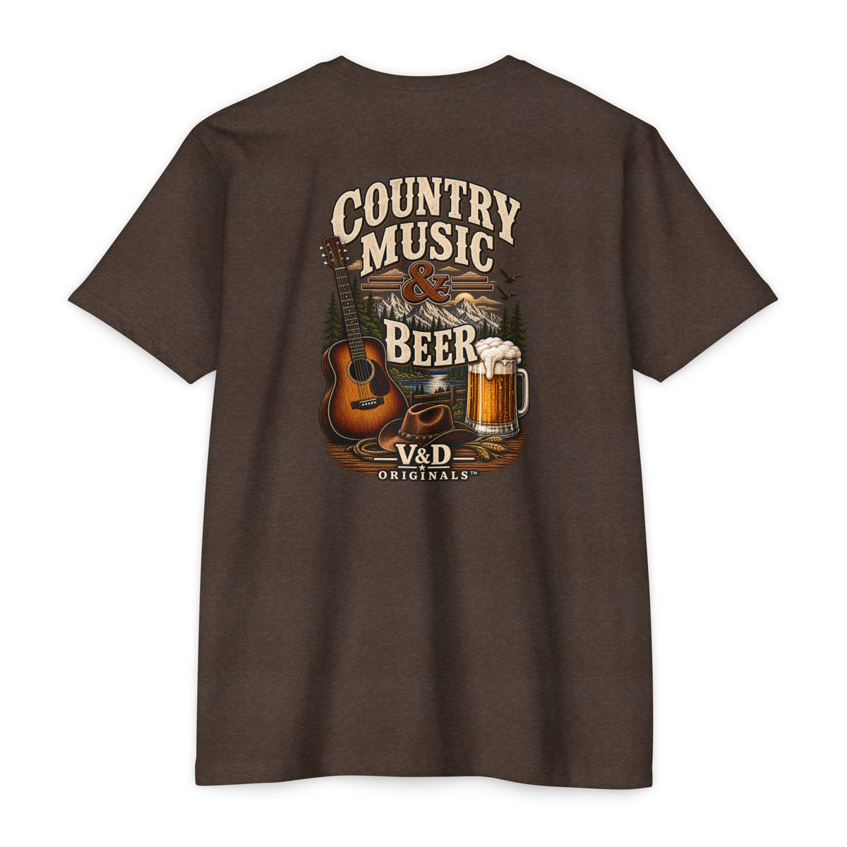 Country Music & Beer T-Shirt — Acoustic Guitar, Mug Graphic Tee