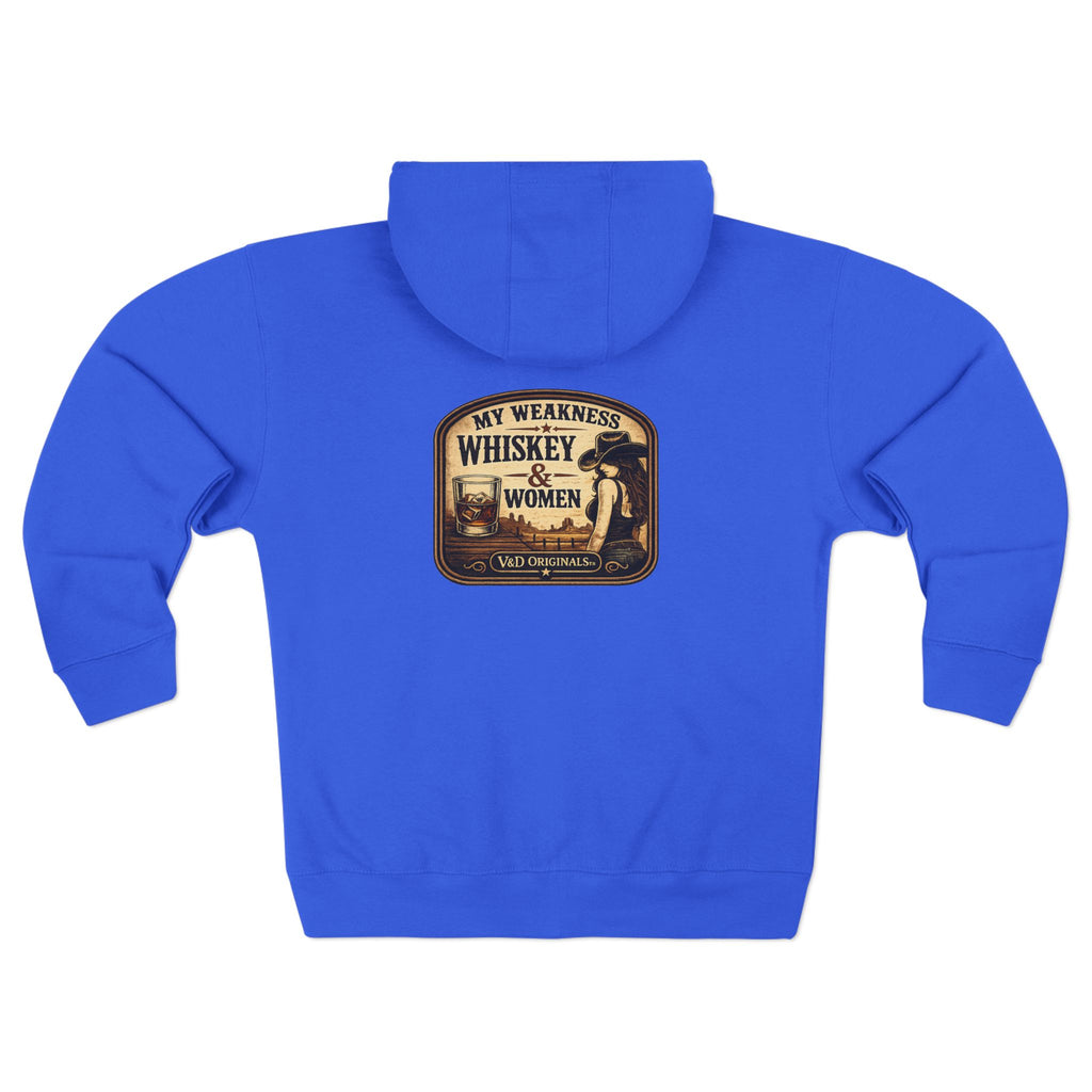 "My Weakness: Whiskey & Women" Vintage Graphic Zip Hoodie