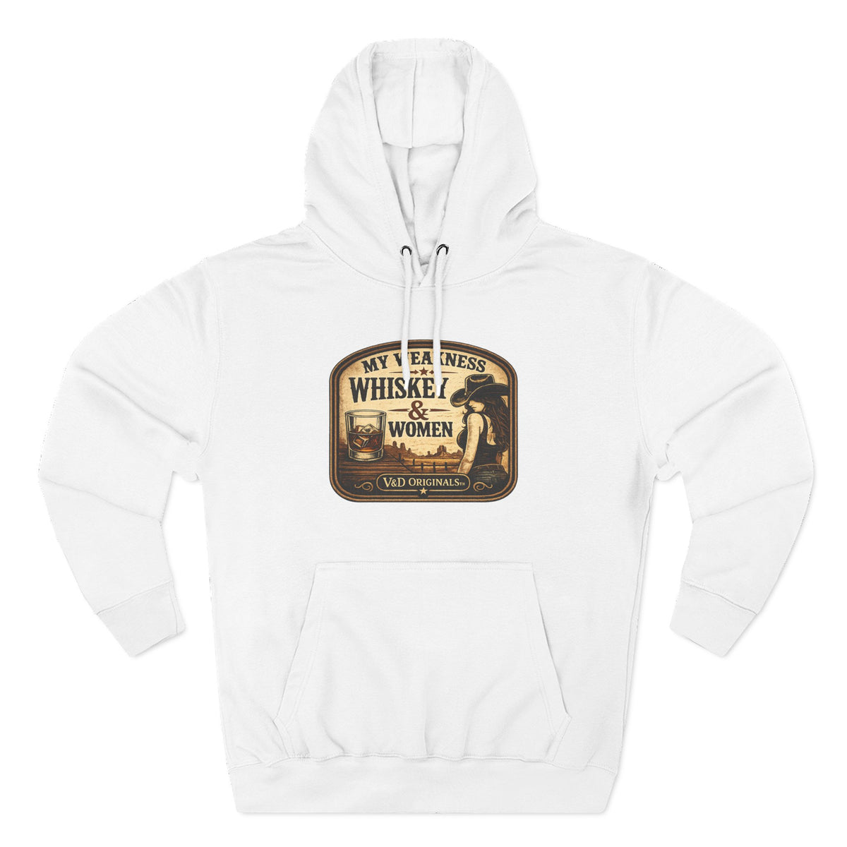 Whiskey & Women Vintage Label Hoodie — Three-Panel Fleece Pullover