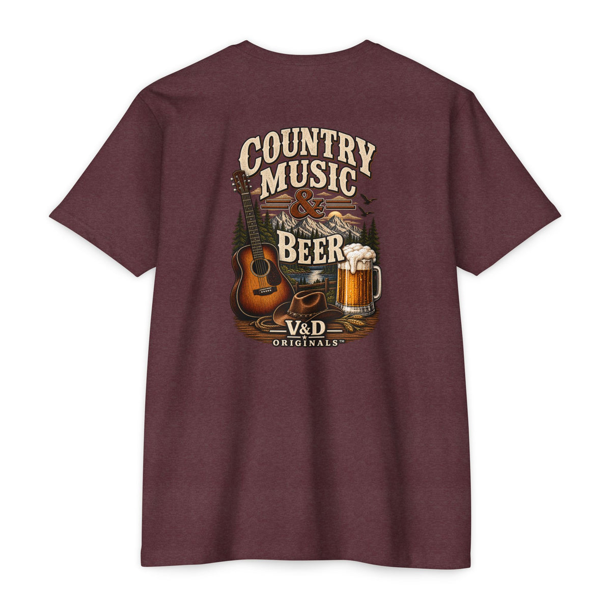 Country Music & Beer T-Shirt — Acoustic Guitar, Mug Graphic Tee