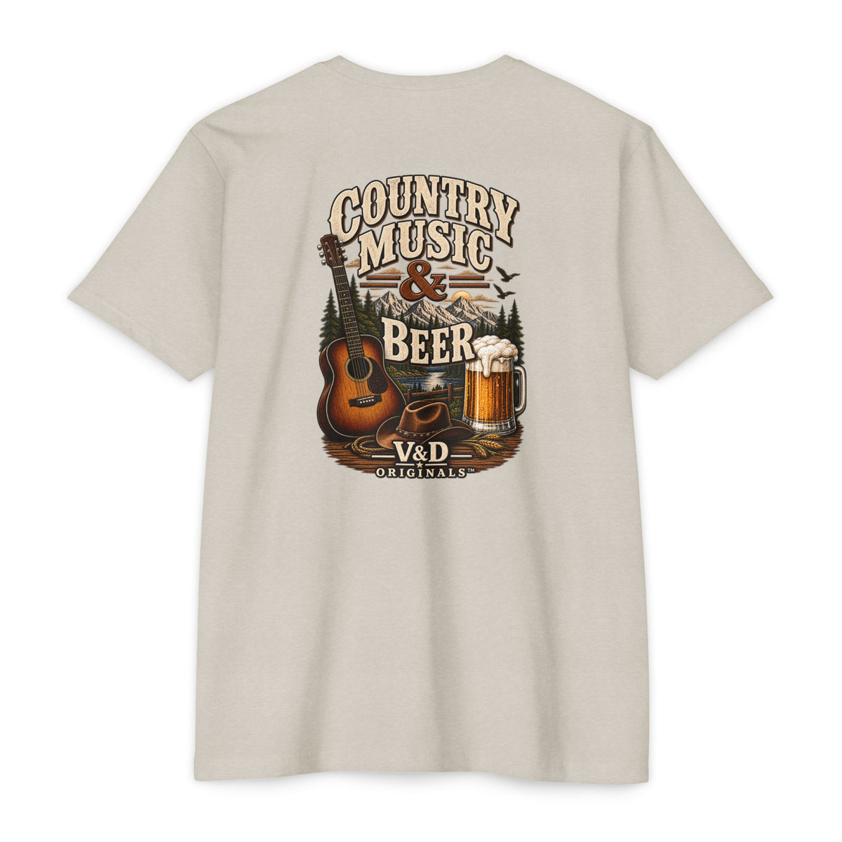 Country Music & Beer T-Shirt — Acoustic Guitar, Mug Graphic Tee