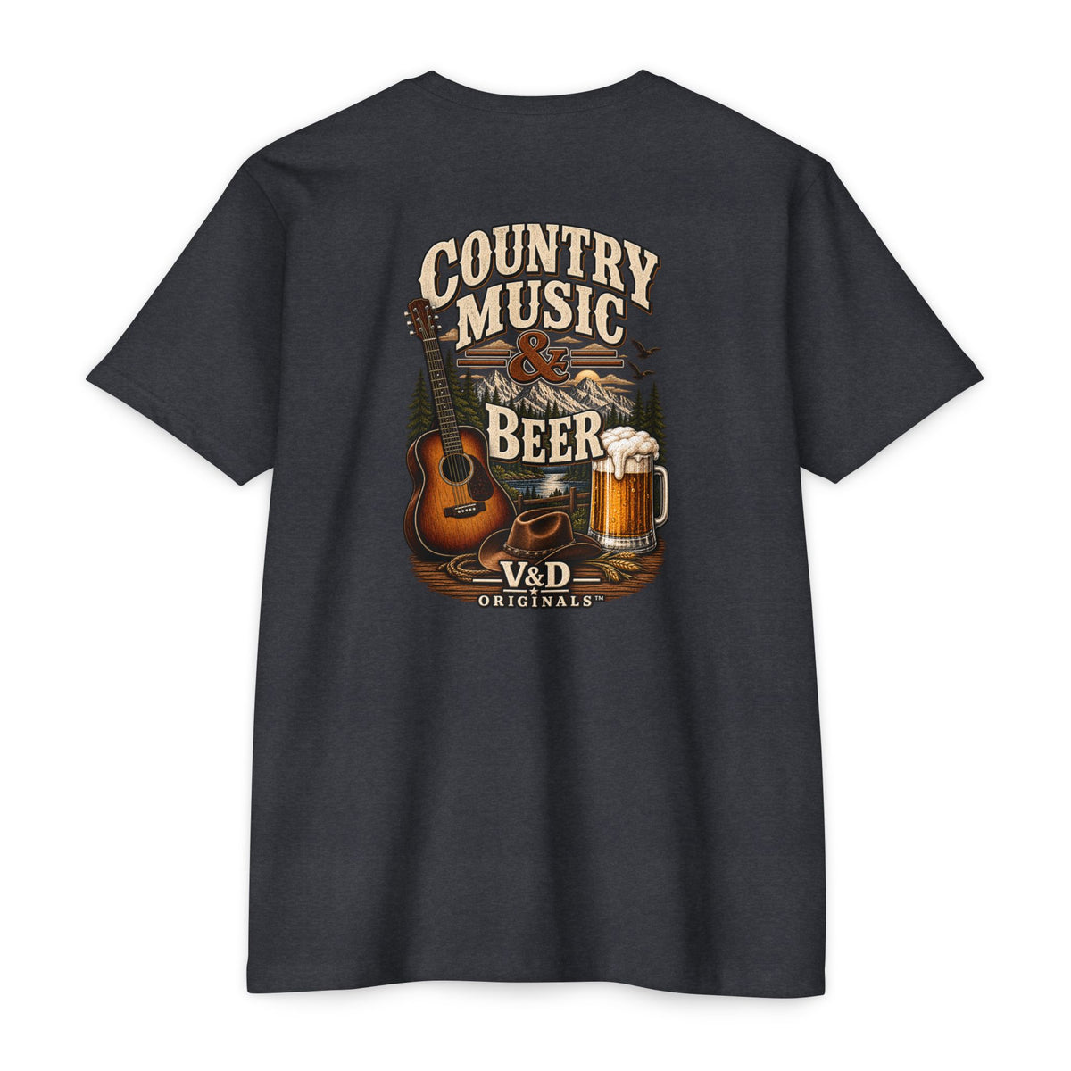 Country Music & Beer T-Shirt — Acoustic Guitar, Mug Graphic Tee