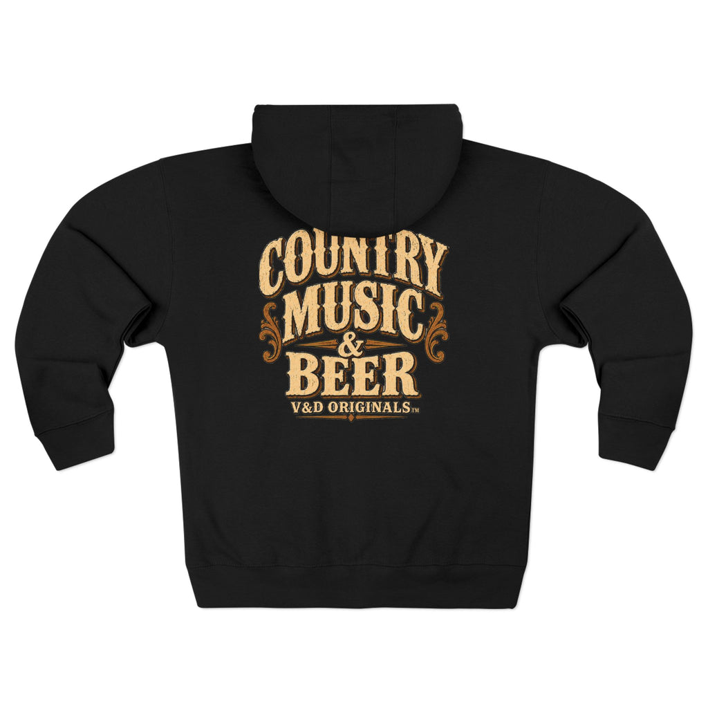 Country Music & Beer Zip Hoodie — V&D Originals Vintage Western Logo