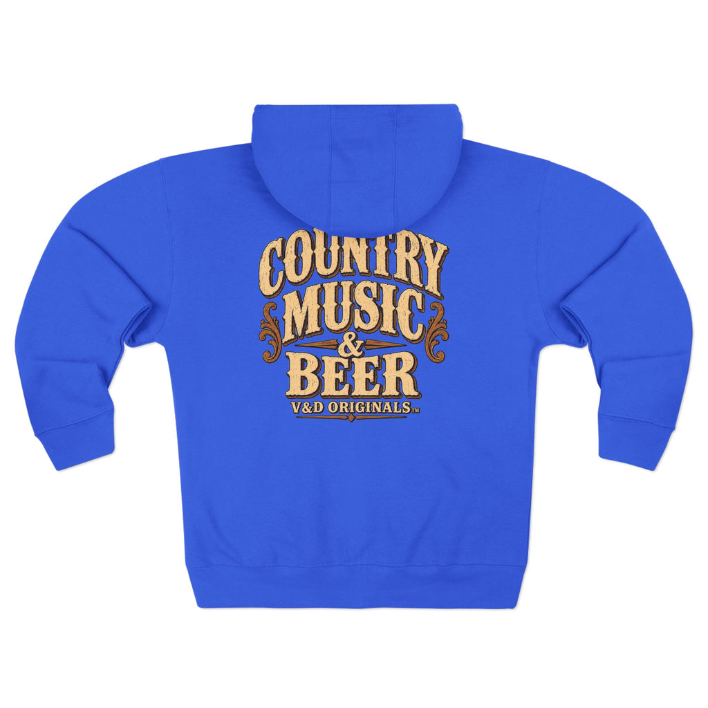 Country Music & Beer Zip Hoodie — V&D Originals Vintage Western Logo