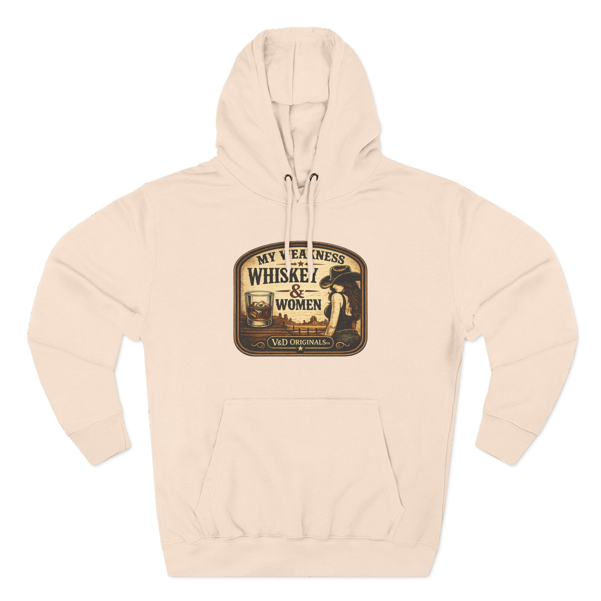 Whiskey & Women Vintage Label Hoodie — Three-Panel Fleece Pullover