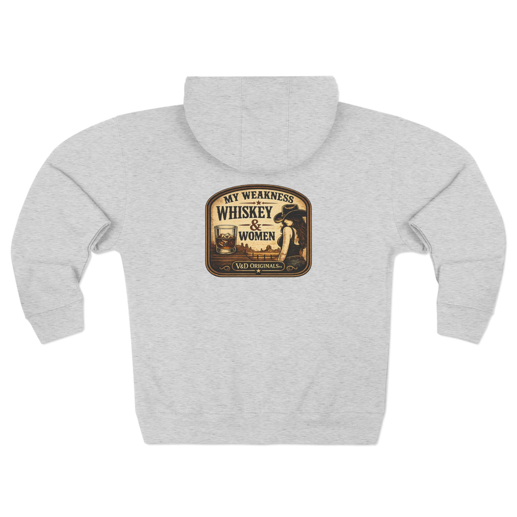 "My Weakness: Whiskey & Women" Vintage Graphic Zip Hoodie
