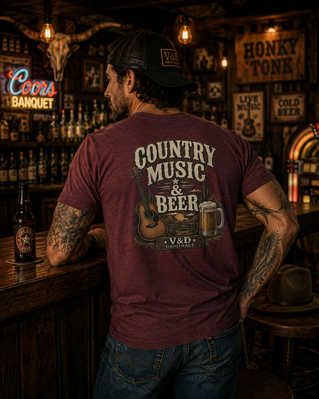 Country Music & Beer T-Shirt — Acoustic Guitar, Mug Graphic Tee