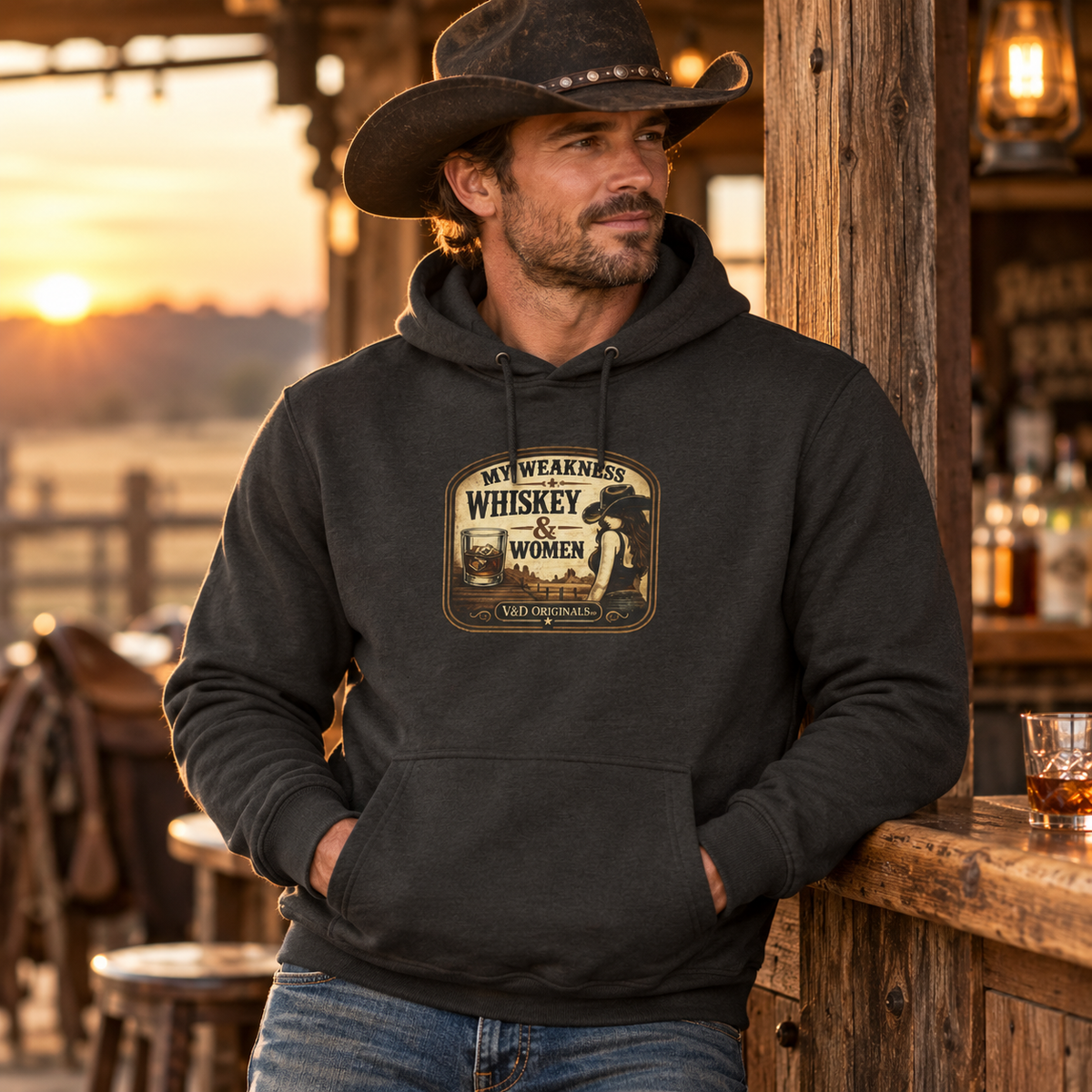 Whiskey & Women Vintage Label Hoodie — Three-Panel Fleece Pullover