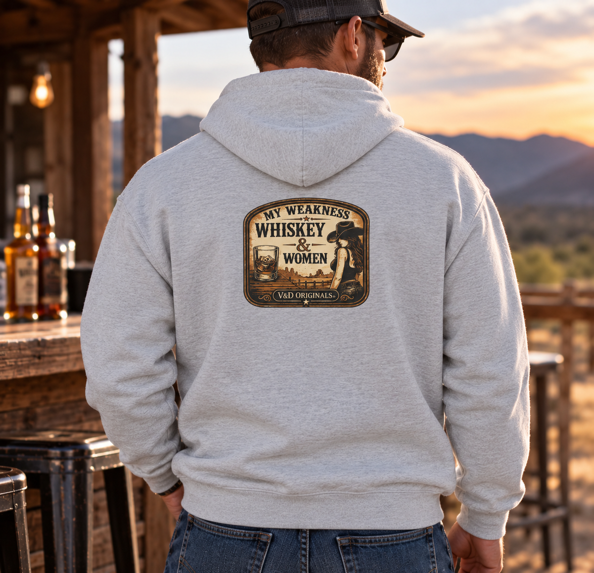 "My Weakness: Whiskey & Women" Vintage Graphic Zip Hoodie