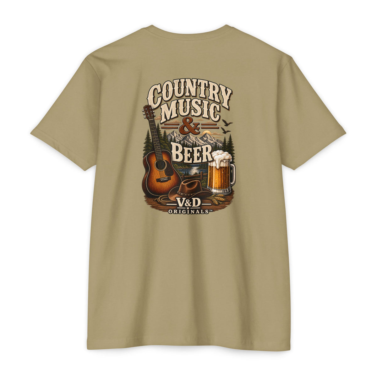 Country Music & Beer T-Shirt — Acoustic Guitar, Mug Graphic Tee
