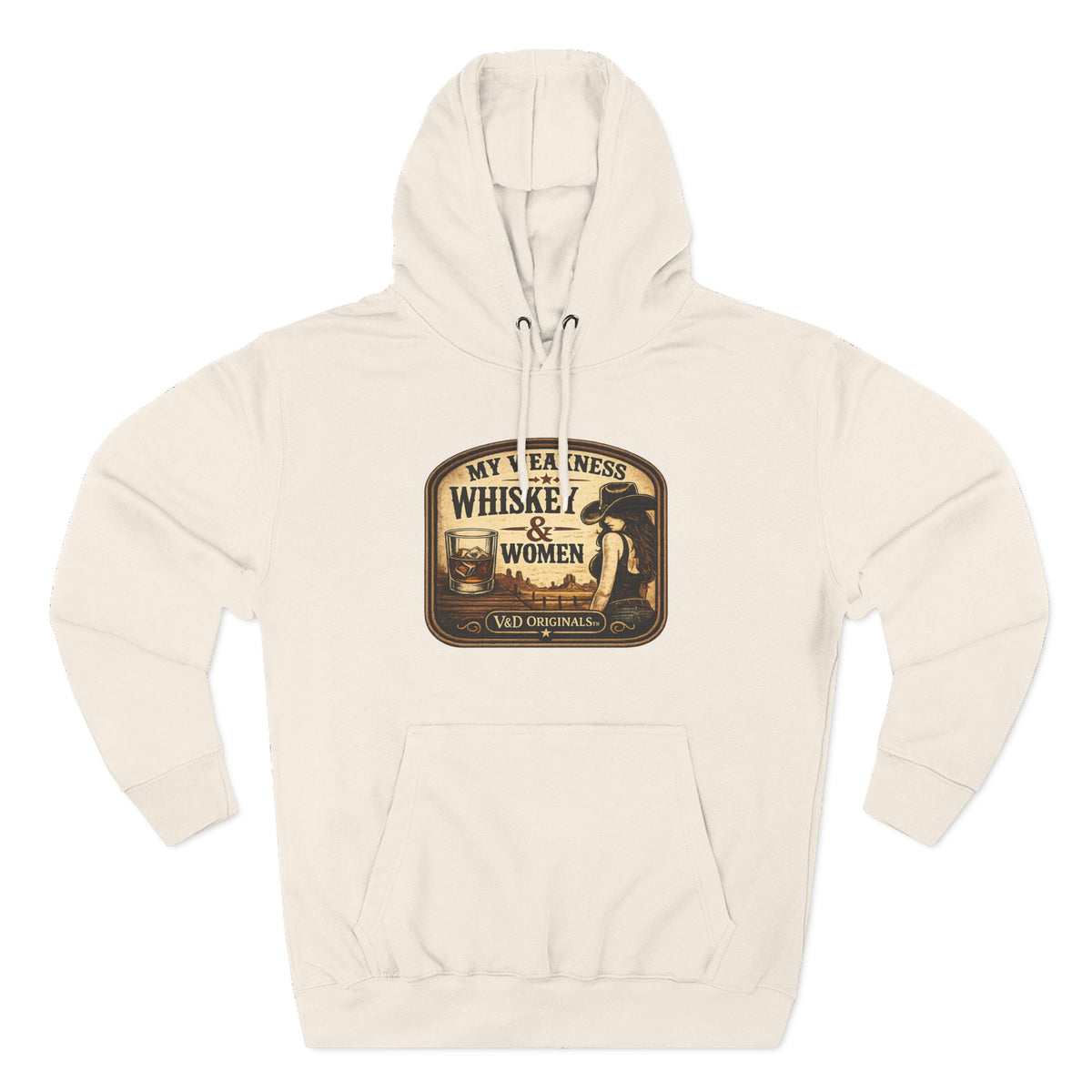 Whiskey & Women Vintage Label Hoodie — Three-Panel Fleece Pullover