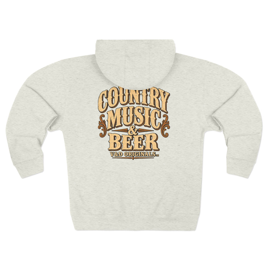 Country Music & Beer Zip Hoodie — V&D Originals Vintage Western Logo