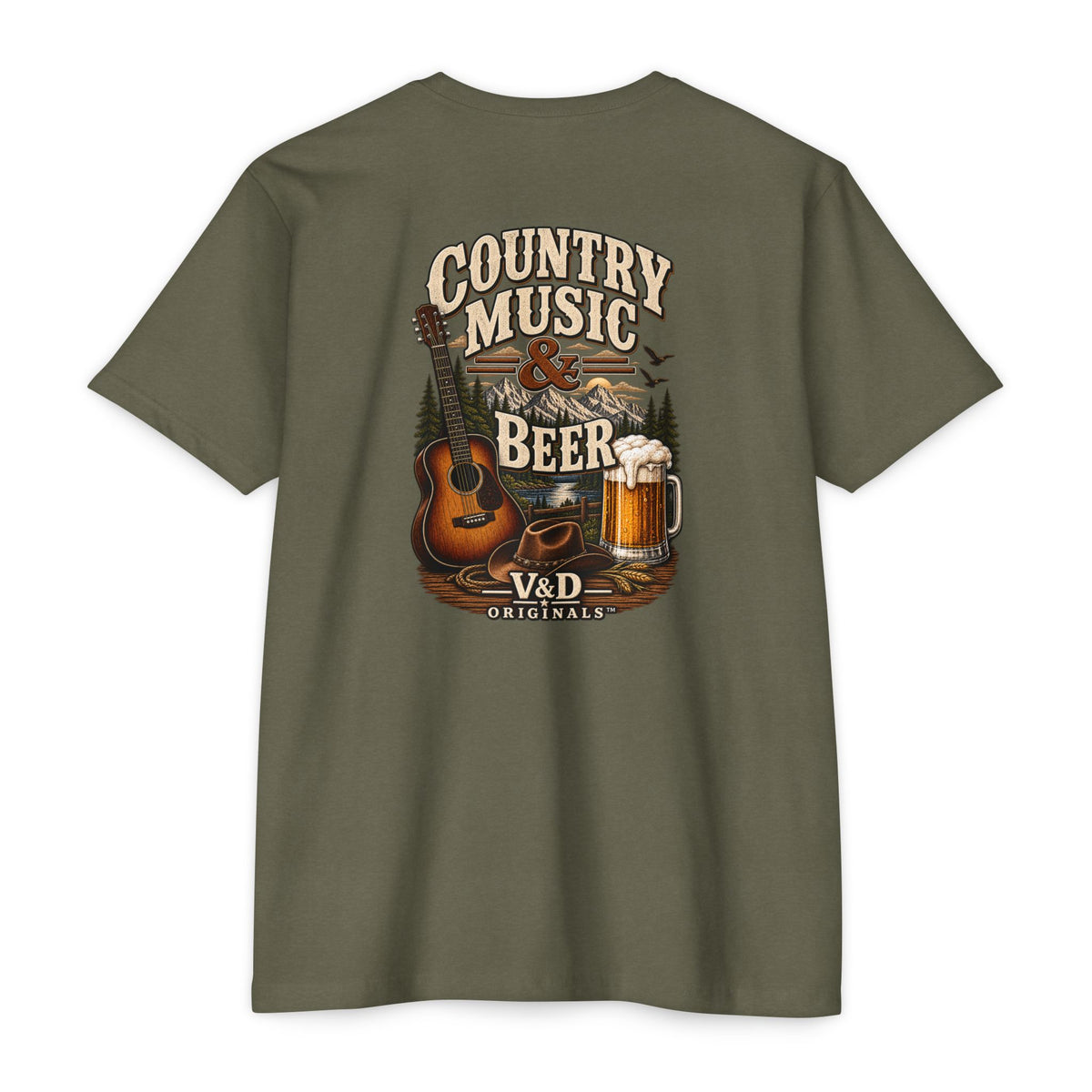 Country Music & Beer T-Shirt — Acoustic Guitar, Mug Graphic Tee