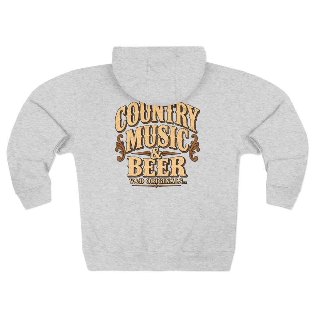 Country Music & Beer Zip Hoodie — V&D Originals Vintage Western Logo