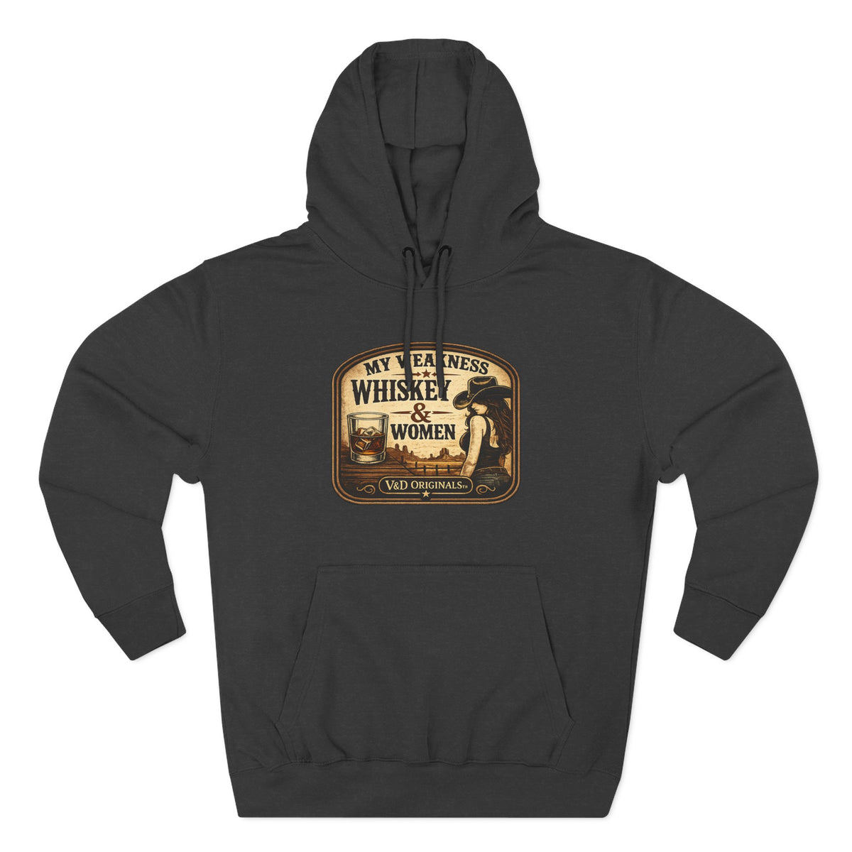 Whiskey & Women Vintage Label Hoodie — Three-Panel Fleece Pullover
