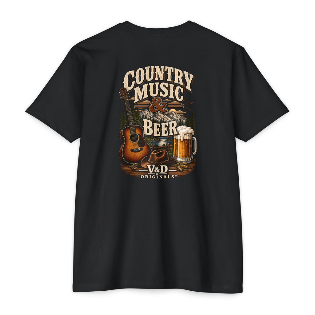Country Music & Beer T-Shirt — Acoustic Guitar, Mug Graphic Tee