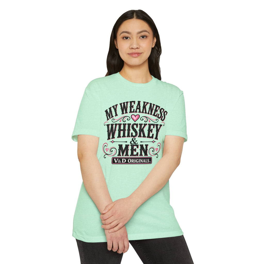 Womens Whiskey & Men Graphic T-Shirt — "My Weakness" Vintage Bar Tee