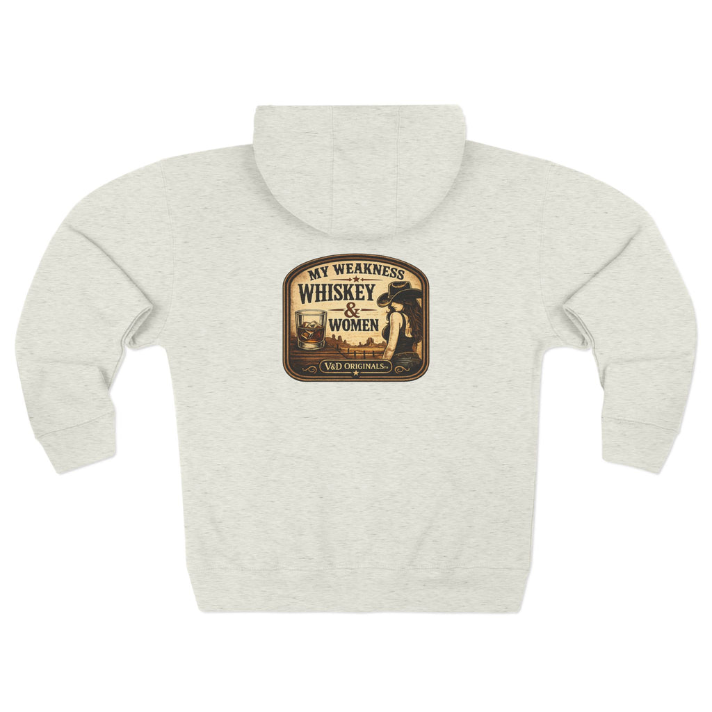 "My Weakness: Whiskey & Women" Vintage Graphic Zip Hoodie