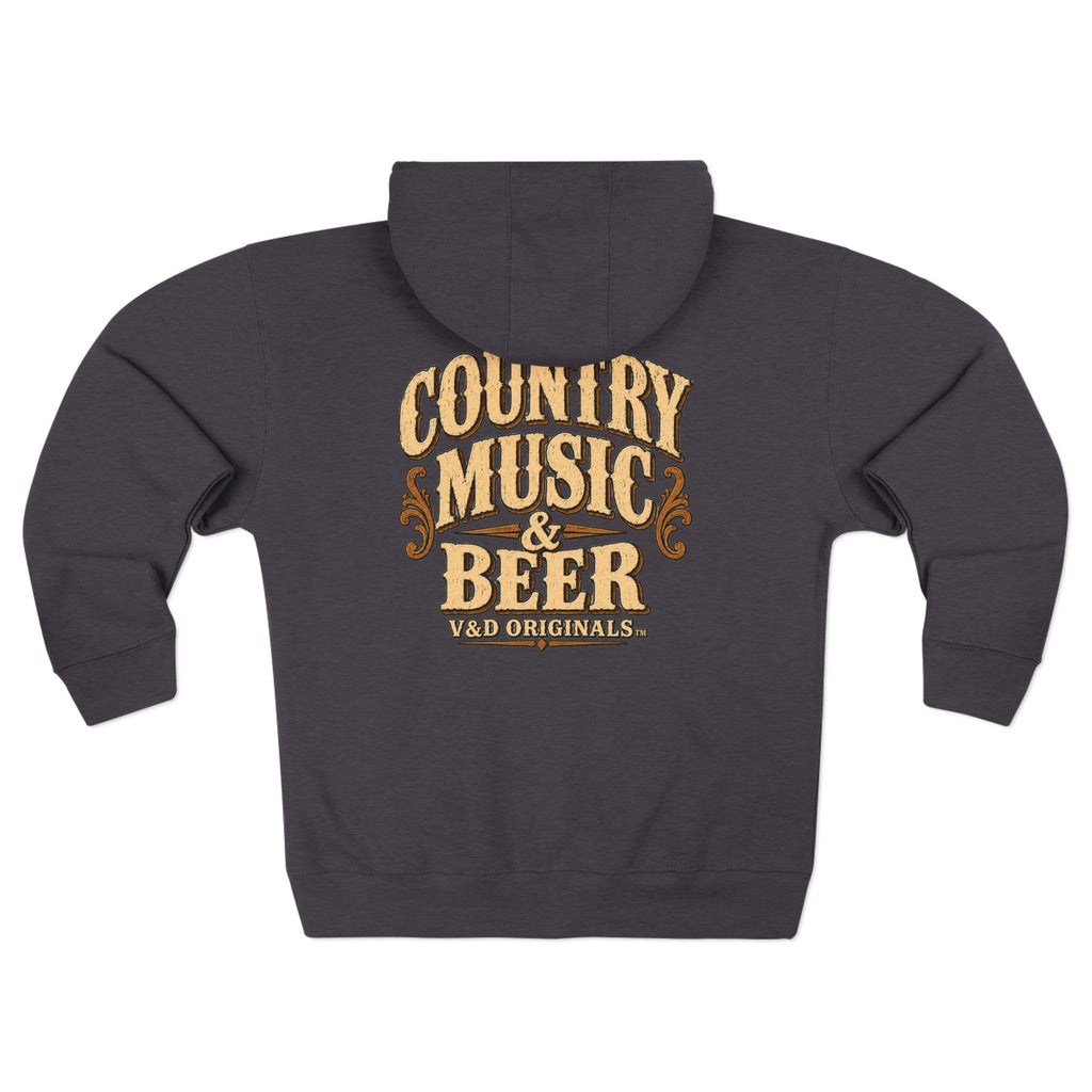 Country Music & Beer Zip Hoodie — V&D Originals Vintage Western Logo