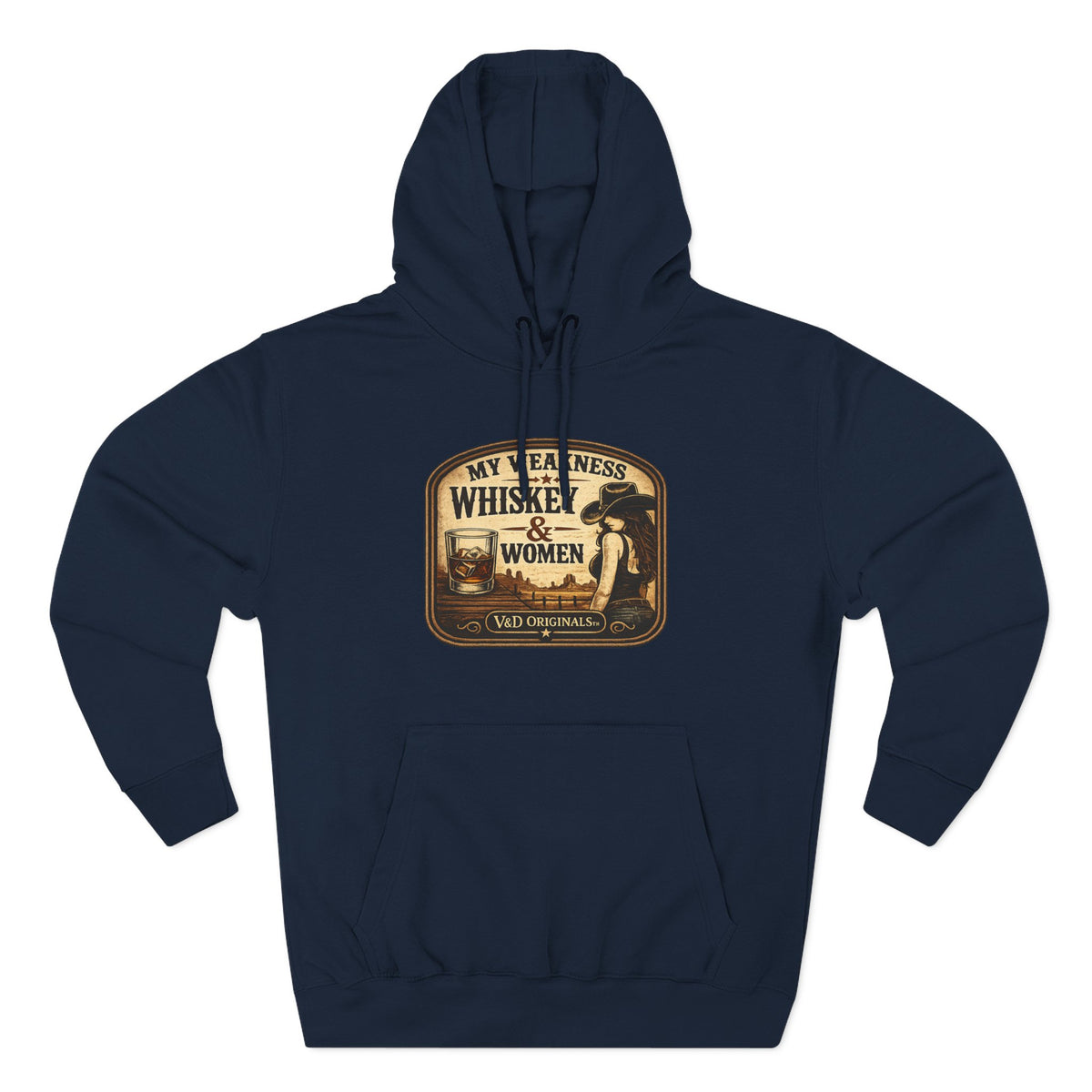 Whiskey & Women Vintage Label Hoodie — Three-Panel Fleece Pullover