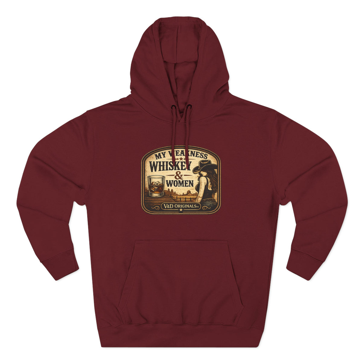 Whiskey & Women Vintage Label Hoodie — Three-Panel Fleece Pullover