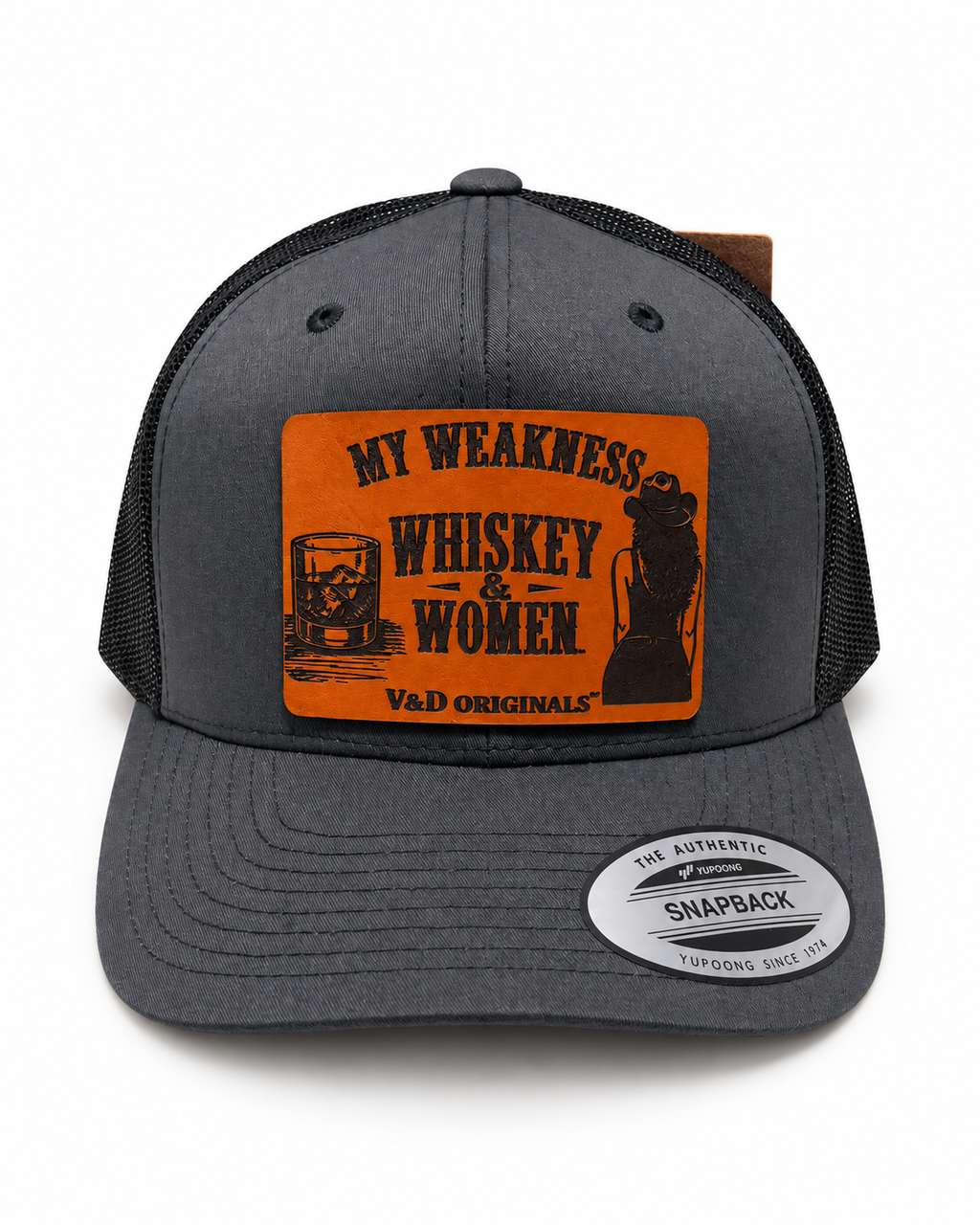 My Weakness: Whiskey & Women Leather Patch Trucker Hat