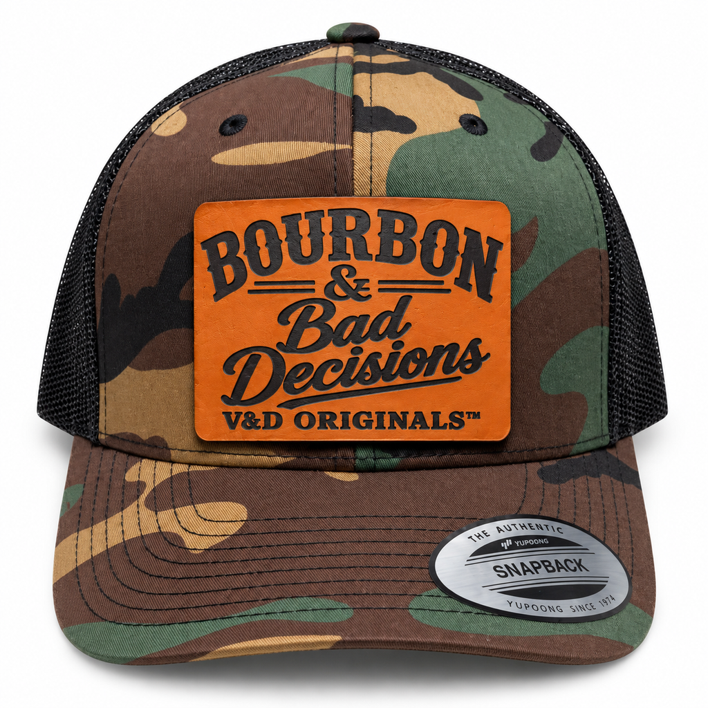 Bourbon & Bad Decisions Leather Patch Trucker Hat