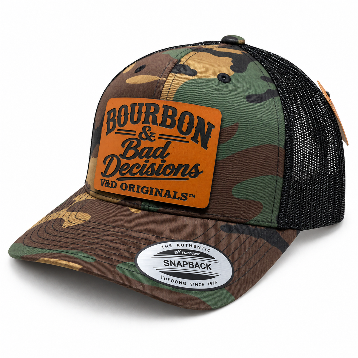 Bourbon & Bad Decisions Leather Patch Trucker Hat