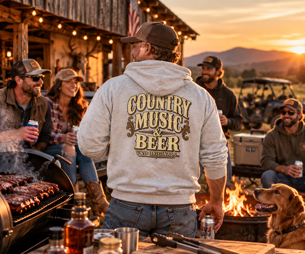 Country Music & Beer Zip Hoodie — V&D Originals Vintage Western Logo