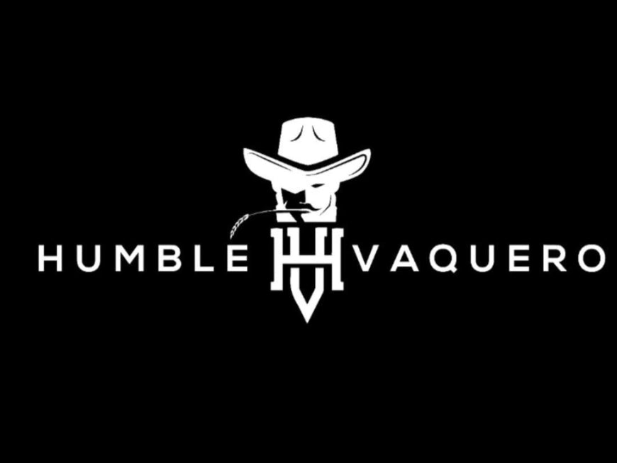 A black square graphic featuring a white stylized cowboy hat and face logo above the text 'HUMBLE VAQUERO' in white, with a large geometric 'HV' monogram in the center.