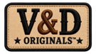 A rectangular embroidered patch with a tan textured background, black border, and black text reading 'V&D ORIGINALS' with two black stars and a brown ampersand.